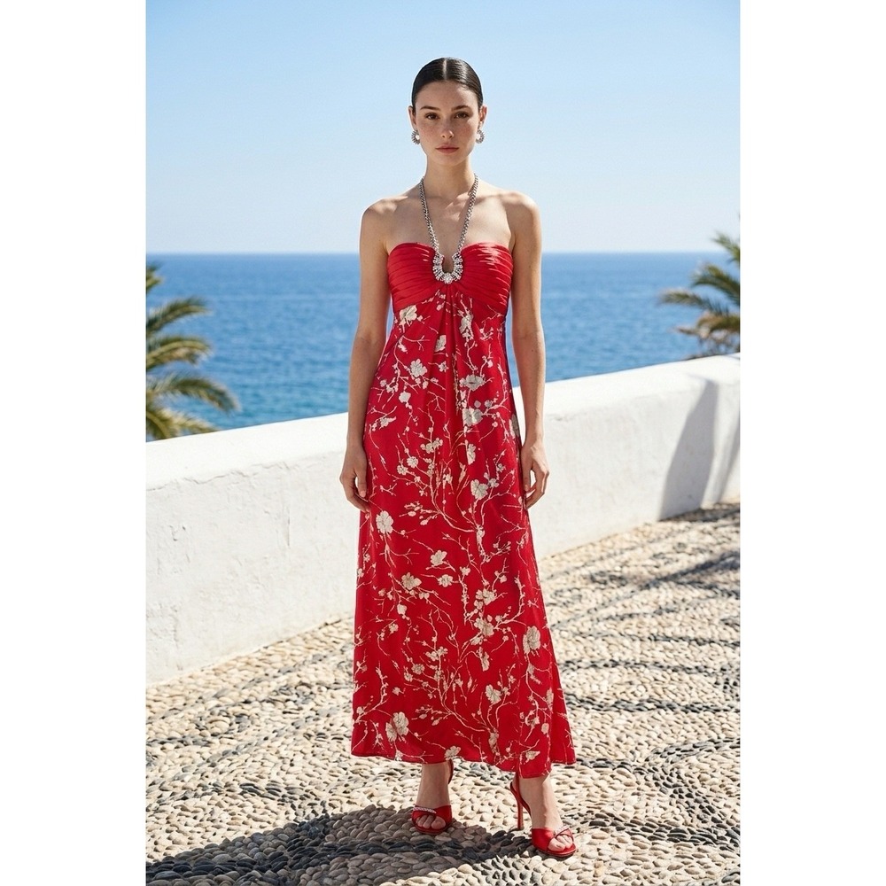 B'Dazzle Fuchsia Floral Halter Maxi Gown Crystal Neckline Pleated Formal Dress